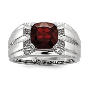 Cushion Cut Garnet & Diamond Tapered Ring in Sterling Silver Size 11